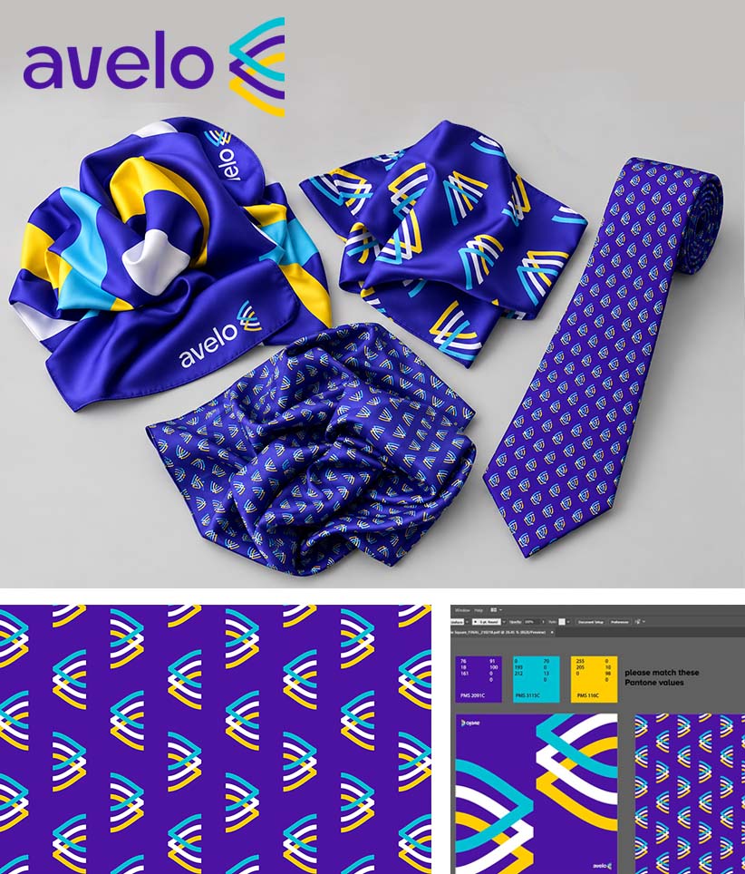 A set of Avelo branded silk accessories in a matching purple, blue, yellow, and white geometric pattern, including a necktie, scarves, and pocket square, displayed alongside digital pattern previews on a light gray background.
