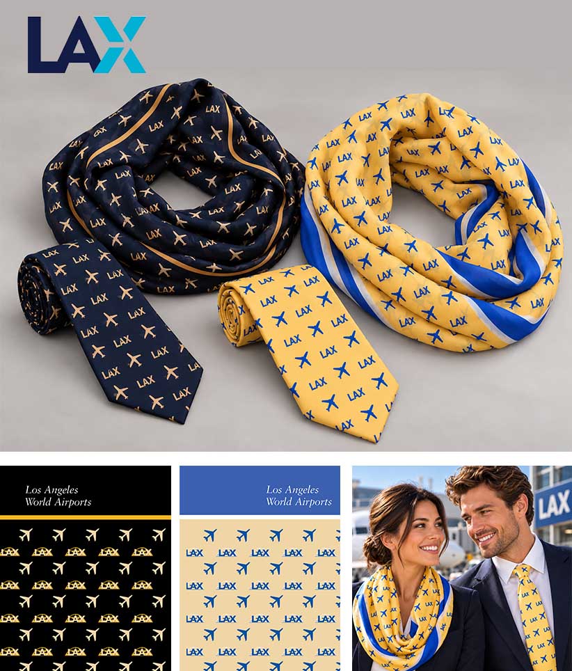 Four LAX branded neckties and matching infinity scarves displayed on a light gray background, with two additional pattern swatches and a lifestyle inset showing a couple wearing the scarf and tie. The LAX logo is visible at top left.