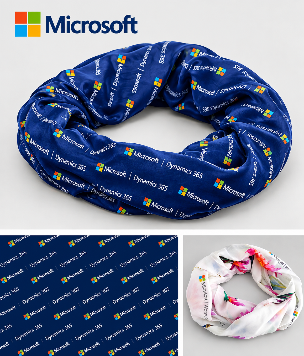 A blue fabric infinity scarf with an all-over repeating Microsoft and Dynamics 365 logo print, shown on a light gray background. The image also includes a close-up design detail panel and a smaller alternate view of another custom infinity scarf with a white floral print, also manufactured for Microsoft