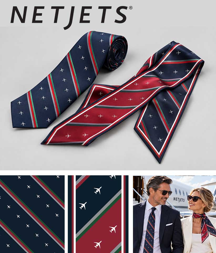 A set of men's neckties featuring a navy blue base with thin red and green stripes, white cross motifs, and small white airplane icons. The top section shows two ties on a light gray background with the NETJETS brand name at the top.