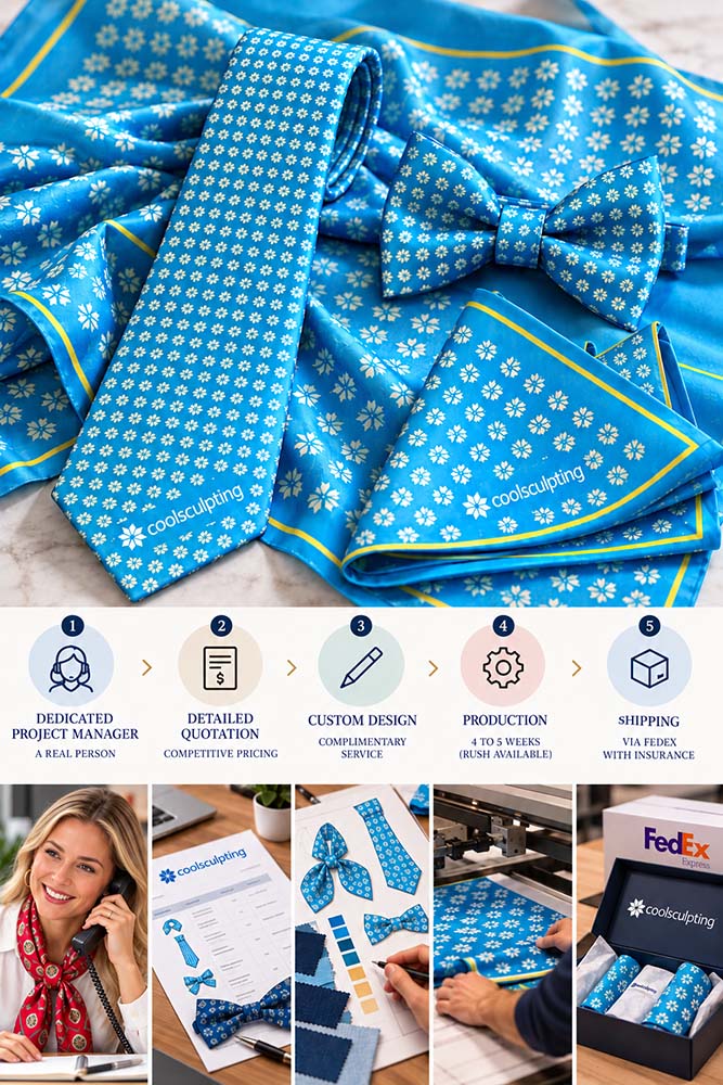 Custom neckwear project managed by ANNE TOURAINE, Inc. from quotation to delivery