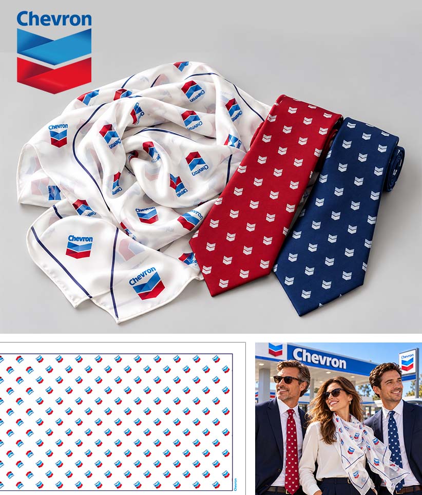 Two patterned neckties displayed on a light gray background, along with a white scarf, all with chevron logo.A large Chevron logo appears in the top left, and a small inset at the bottom shows people wearing the ties and the scarf in a real-world setting.