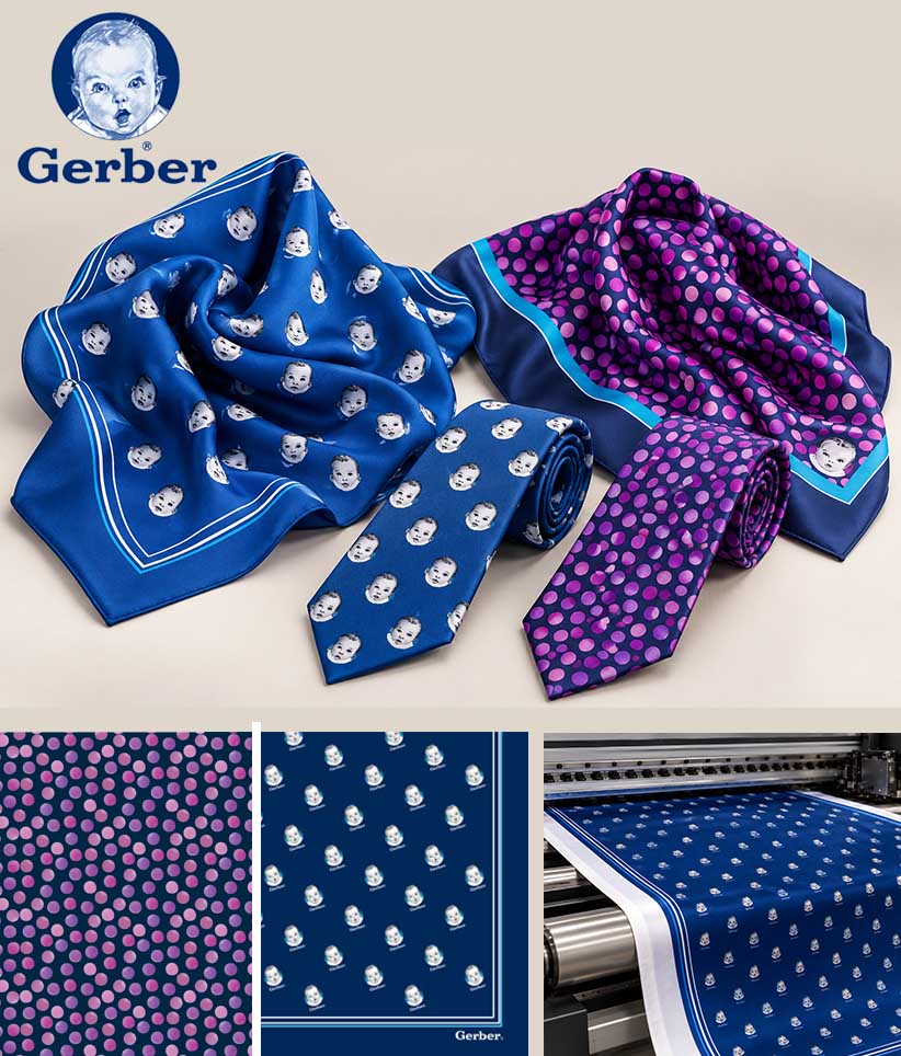 Gerber branded presentation of patterned neckties and scarves, including a navy blue tie with white skull motifs, a matching navy scarf with white skull motifs, a purple scarf with pink polka dots, and a purple tie with pink polka dots. Three inset detail panels at the bottom show fabric close-ups and a printing process.