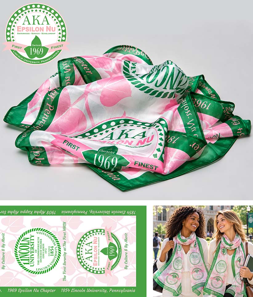 An oblong scarf with a pink and green 1969 AKA (Epsilon Nu) Lincoln University graphic, shown draped on a light gray background with a brand logo overlay and a small lifestyle inset showing two women wearing the scarf.