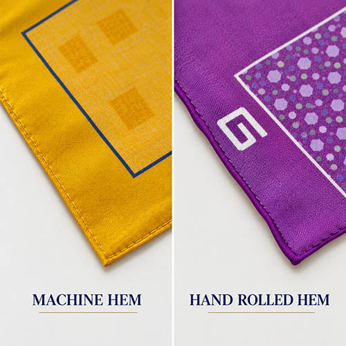 Two close-up views of two scarves laid on a light background, showing the fabric design and hem styles. The left panel shows a machine hem, and the right panel shows a hand-rolled hem.