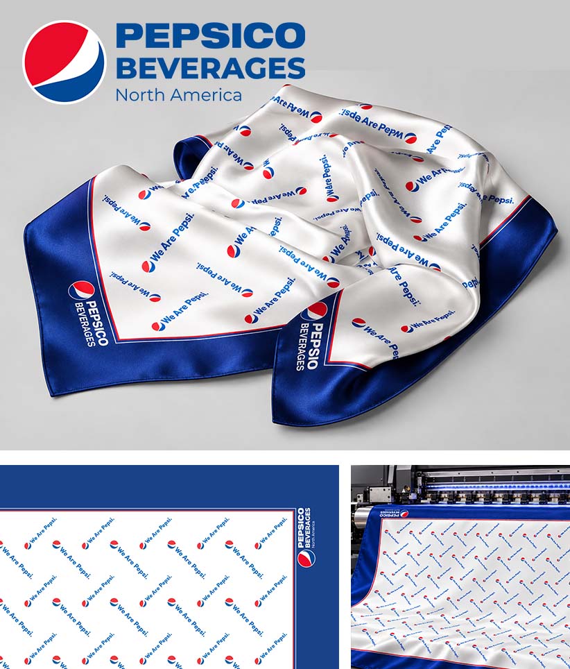 A Pepsi Beverages North America branded satin scarf with a white center, blue borders, and repeating red, white, and blue logo pattern, shown on a light gray background with brand logo and close-up detail panels below.