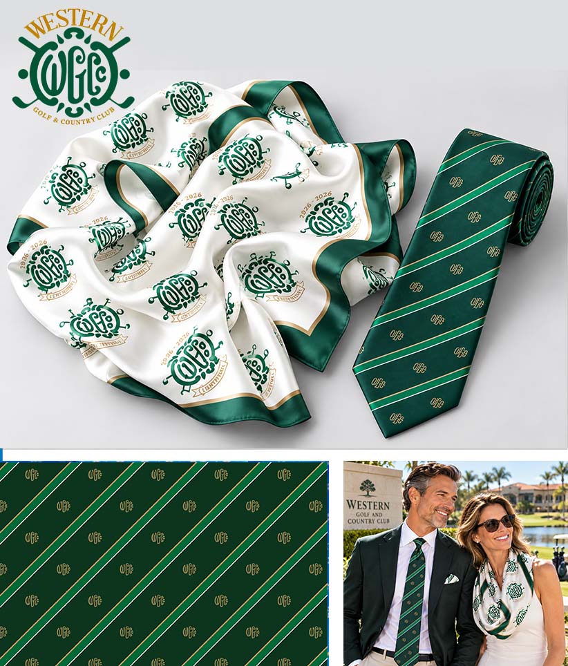 A coordinated Western Golf and Country Club themed necktie and infinity scarf set displayed on a light gray background, with a close-up fabric detail panel and a small lifestyle inset showing a couple wearing the items. The set includes a white infinity scarf with repeated green crest motifs and a dark green tie with green diagonal stripes and small gold-toned crest details of the club.