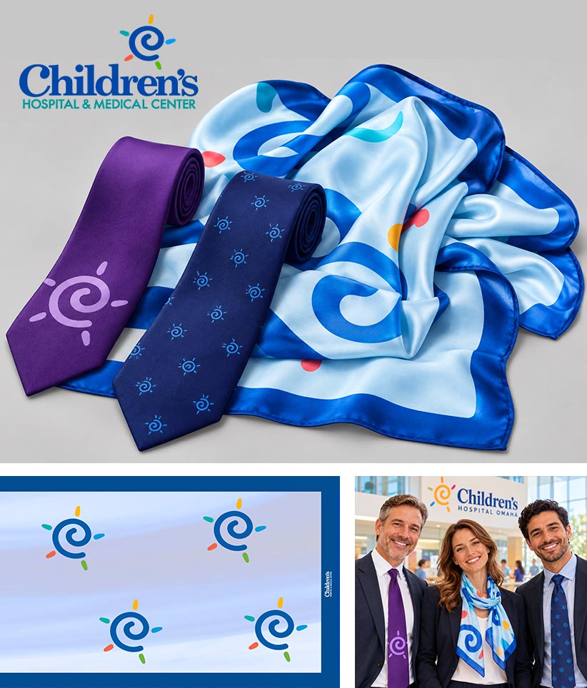 A promotional product collage for Children's Hospital & Medical Center featuring tow silk-like ties and a matching scarf in blue, navy, and purple tones, all printed with the hospital's spiral logo. The main top section shows the products laid out on a light gray background, with the Children's Hospital & Medical Center logo at upper left.