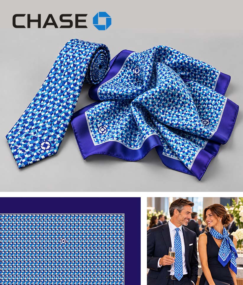 Chase brand fashion accessory set featuring a blue and white patterned necktie, and a matching scarf, with a close-up fabric swatch and a lifestyle inset showing the accessories worn by a couple.