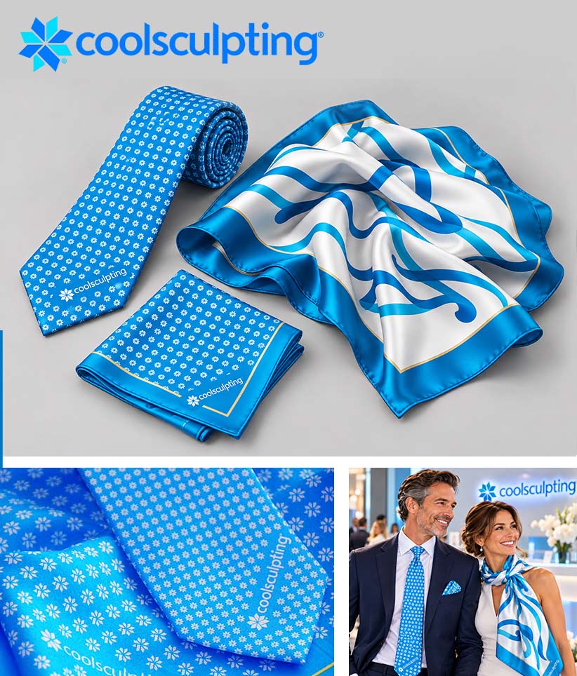 Coolsculpting men's necktie, pocket square, and scarf set in bright blue and white, shown on a light gray background with a small lifestyle inset of a couple wearing the accessories.