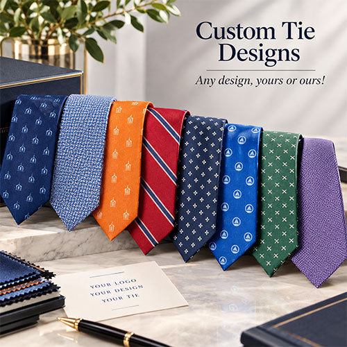 Six custom silk or polyester neckties in different patterns and colors are displayed diagonally on a marble surface next to a black box. The ties include gray, blue, red, black, and orange, with custom text designs.