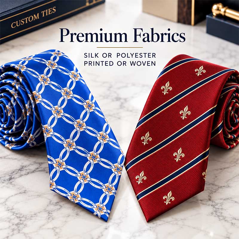 Two rolled neckties displayed on a marble surface: a blue printed tie with a white and gold chain-link pattern, and a red woven tie with navy diagonal stripes and gold fleur-de-lis motifs. Text at the top reads 'Premium Fabrics' with smaller text about silk or polyester and printed or woven options.