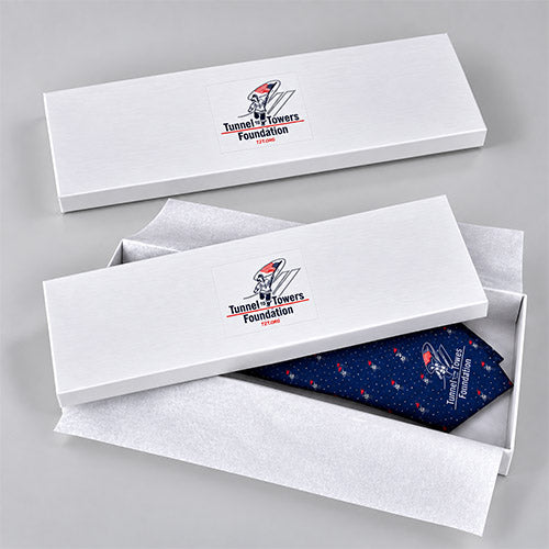 presentation of one closed box and one open box with t2t tie inside, to illustrate the gift packaging process of the anne touraine usa custom made ties