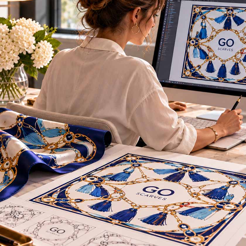 A woman sits at a desk working on a computer, with a blue, white, and gold patterned scarf displayed on the desk and draped over the arm. The design features the brand name 'GO SCARVES' in the center, surrounded by an ornate gold chain pattern and blue tassels.