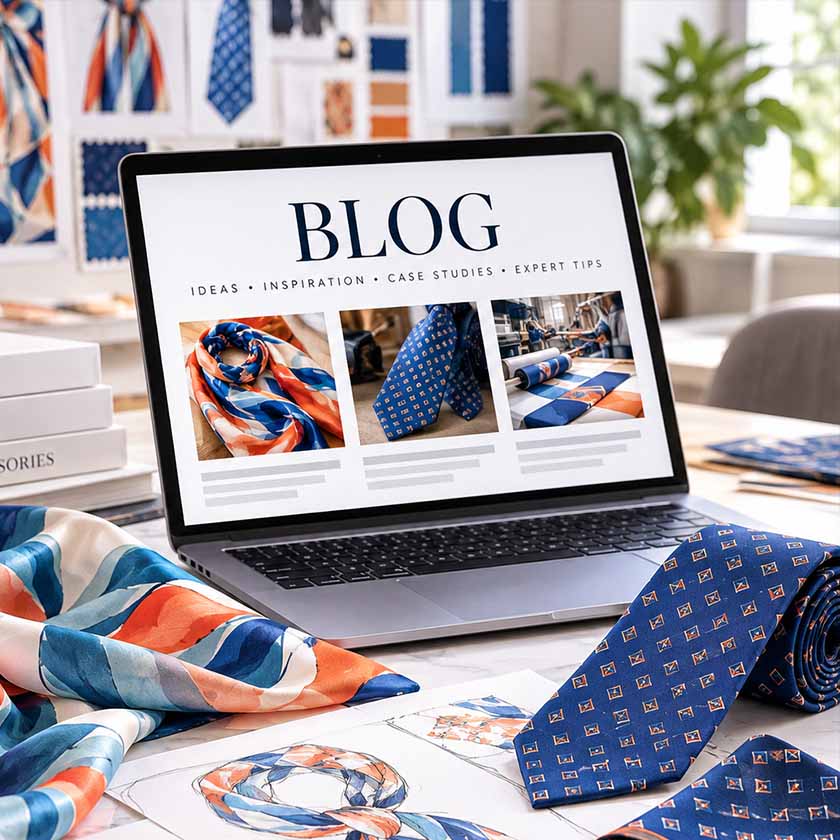 A laptop on a desk displaying a website layout about blogs, surrounded by colorful neckties and patterned fabric in a bright, modern office setting.