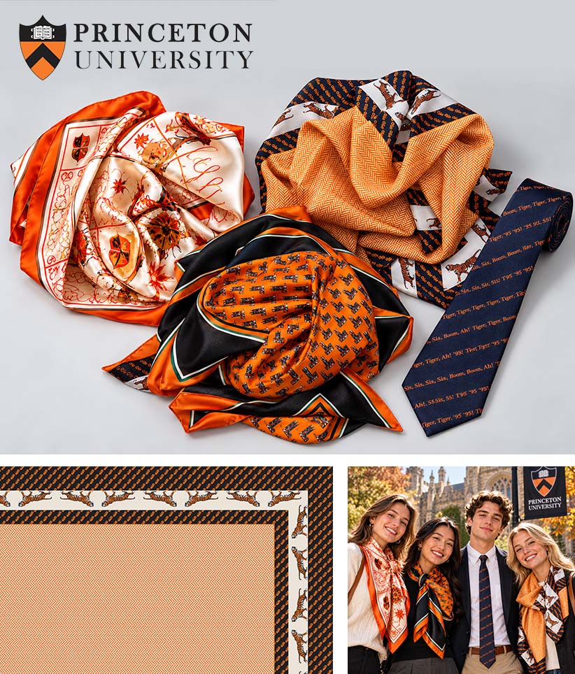 Princeton University themed scarves and tie collection displayed on a light gray background, featuring three scarves and one necktie in orange, black, white, and navy colors with Princeton University logos and motifs. A Princeton University logo is visible at the top left, and a close-up of one scarf's border pattern is shown in the bottom left.