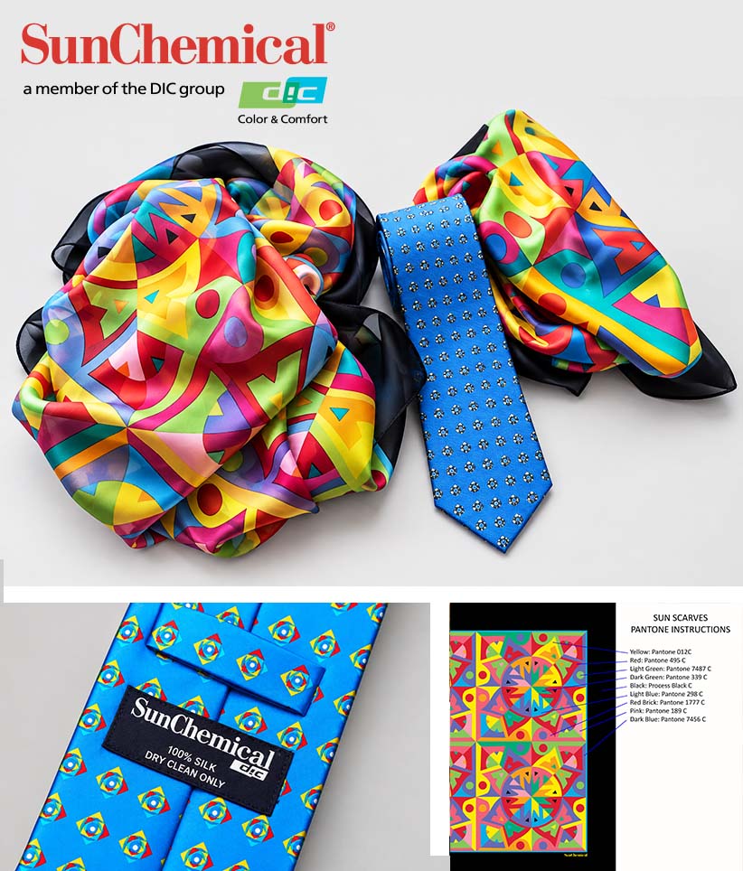 SunChemical brand color and comfort dry clean scarves and a tie set, featuring a vibrant multicolor abstract patterned scarves and a blue tie with a matching patterned label, shown alongside product information and care instructions.