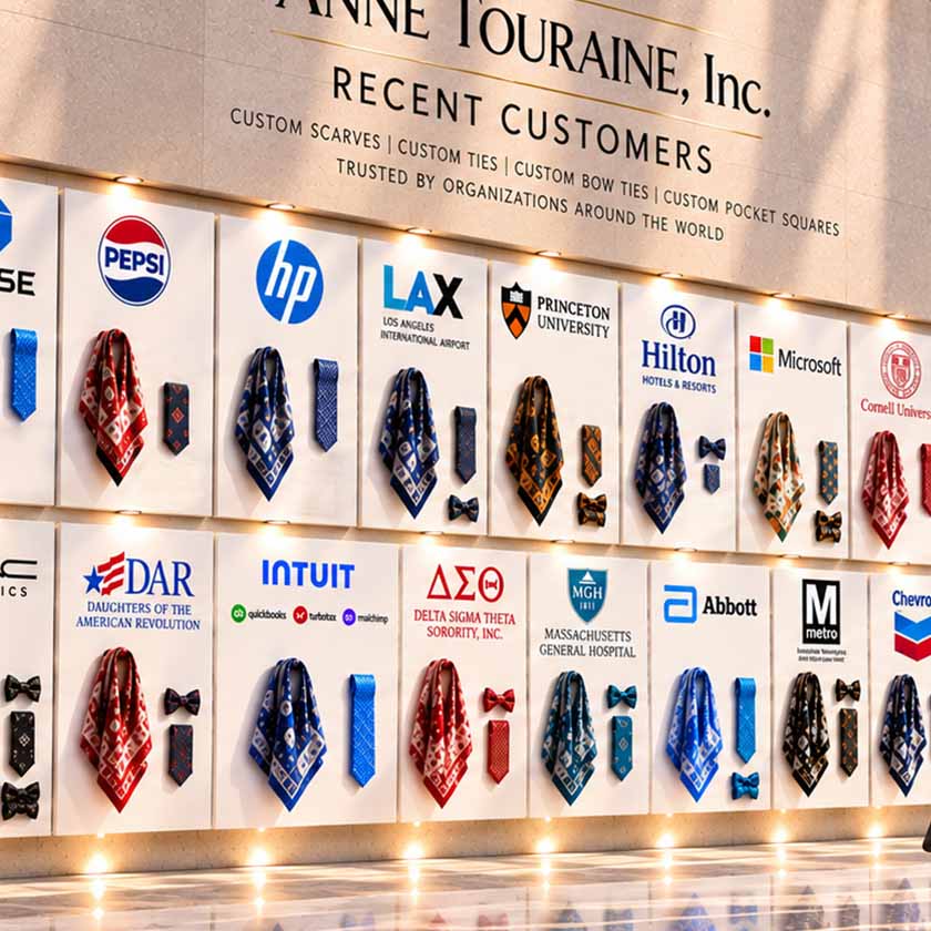 A display wall showcasing custom scarves, bow ties, ties and pocket squares from Anne Touraine, Inc., featuring numerous corporate logos of clients such as Pepsi, HP, LAX, Hilton, Microsoft